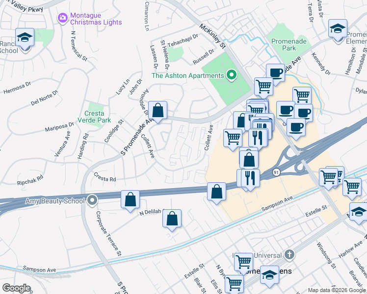 map of restaurants, bars, coffee shops, grocery stores, and more near 451 Wellesley Drive in Corona