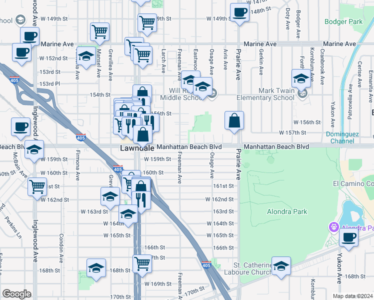 map of restaurants, bars, coffee shops, grocery stores, and more near 4162 Manhattan Beach Boulevard in Lawndale