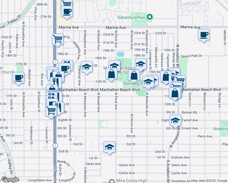 map of restaurants, bars, coffee shops, grocery stores, and more near 1466 11th Street in Manhattan Beach