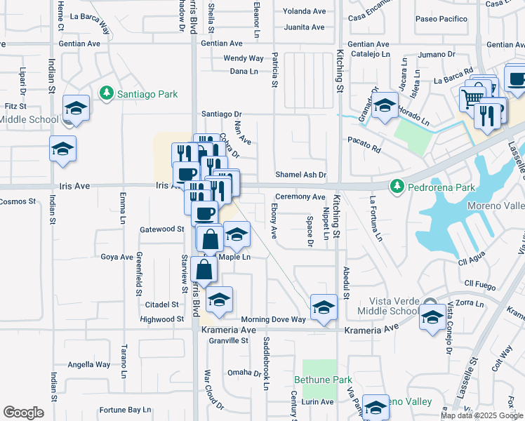 map of restaurants, bars, coffee shops, grocery stores, and more near 16065 Botanical Street in Moreno Valley