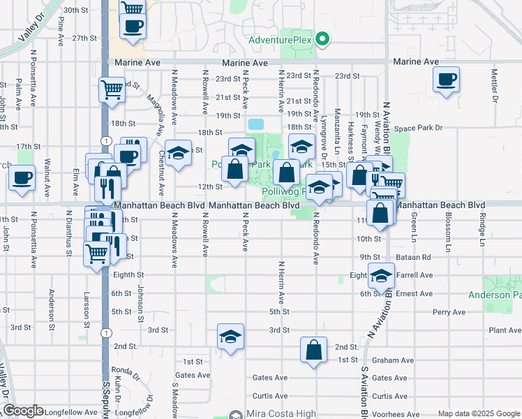 map of restaurants, bars, coffee shops, grocery stores, and more near 1524 Manhattan Beach Boulevard in Manhattan Beach