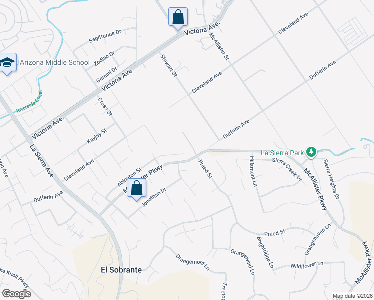 map of restaurants, bars, coffee shops, grocery stores, and more near 12223 Abington Street in Riverside