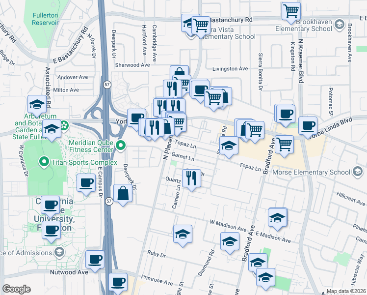 map of restaurants, bars, coffee shops, grocery stores, and more near 3018 Garnet Lane in Fullerton