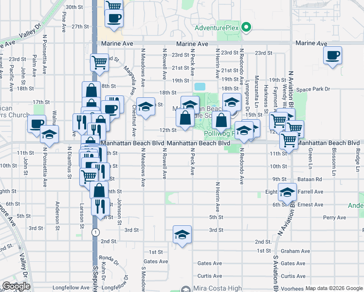 map of restaurants, bars, coffee shops, grocery stores, and more near 1440 Manhattan Beach Boulevard in Manhattan Beach