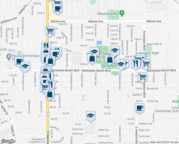 map of restaurants, bars, coffee shops, grocery stores, and more near 1436 Manhattan Beach Boulevard in Manhattan Beach