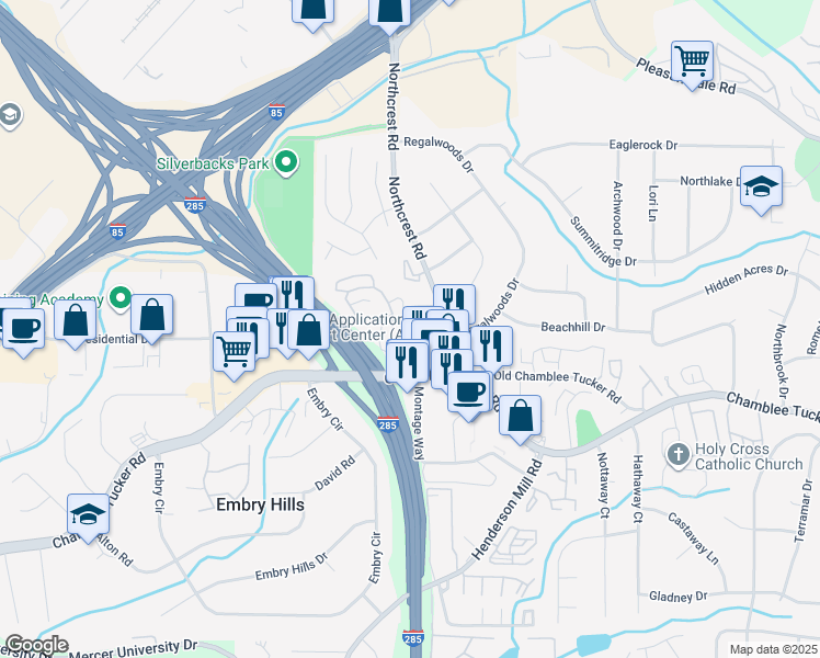 map of restaurants, bars, coffee shops, grocery stores, and more near 3307 Stonecrest Court in Chamblee