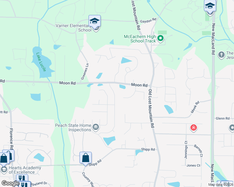 map of restaurants, bars, coffee shops, grocery stores, and more near 2815 Lost Lakes Way in Powder Springs