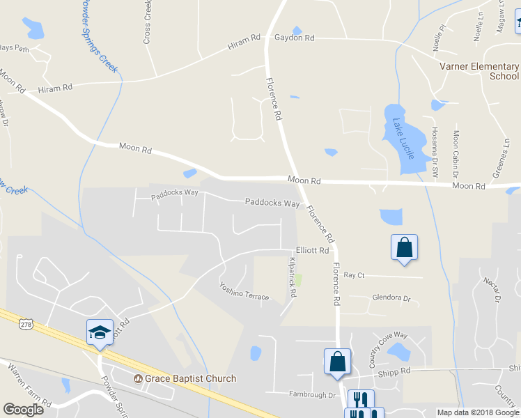 map of restaurants, bars, coffee shops, grocery stores, and more near 1155 Paddocks Way in Powder Springs