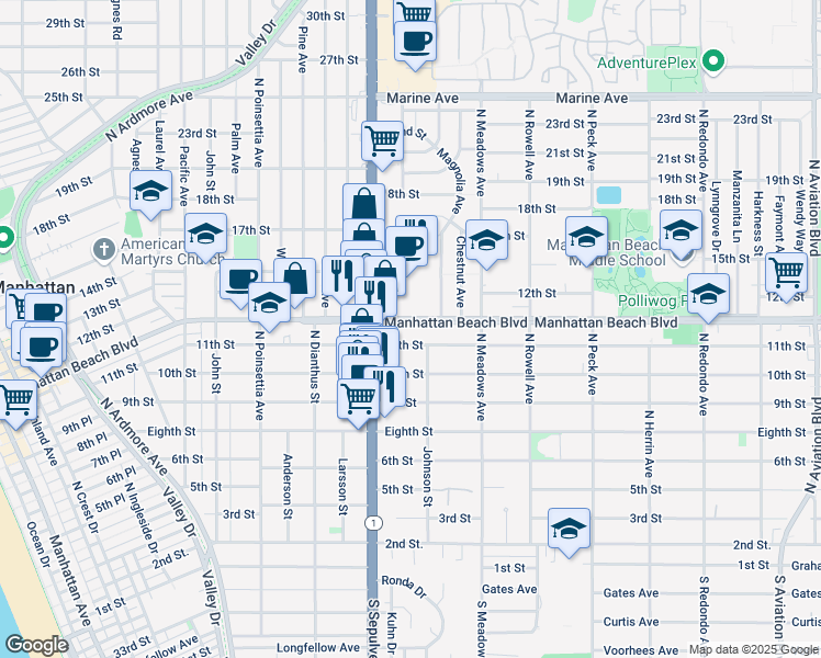 map of restaurants, bars, coffee shops, grocery stores, and more near 1160 11th Street in Manhattan Beach