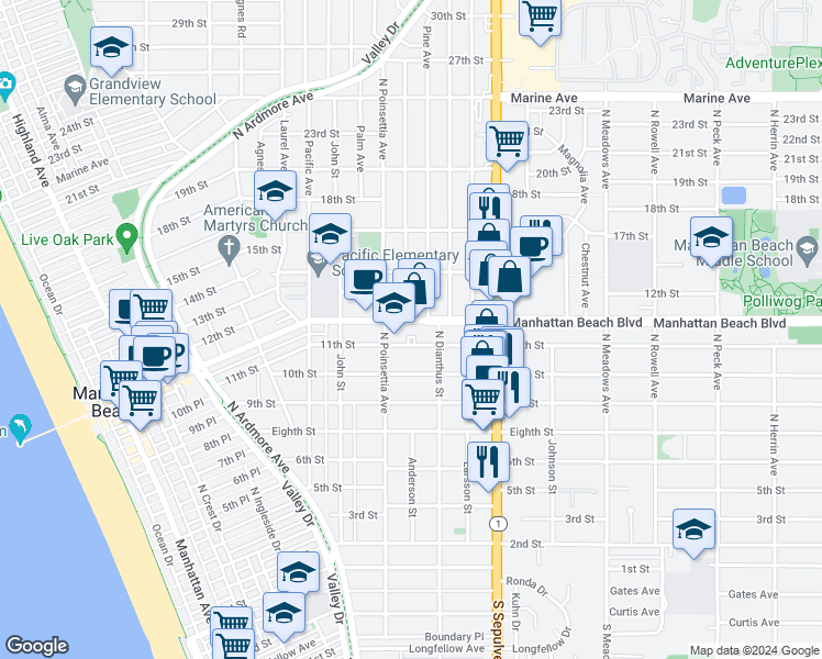 map of restaurants, bars, coffee shops, grocery stores, and more near 926 Manhattan Beach Boulevard in Manhattan Beach