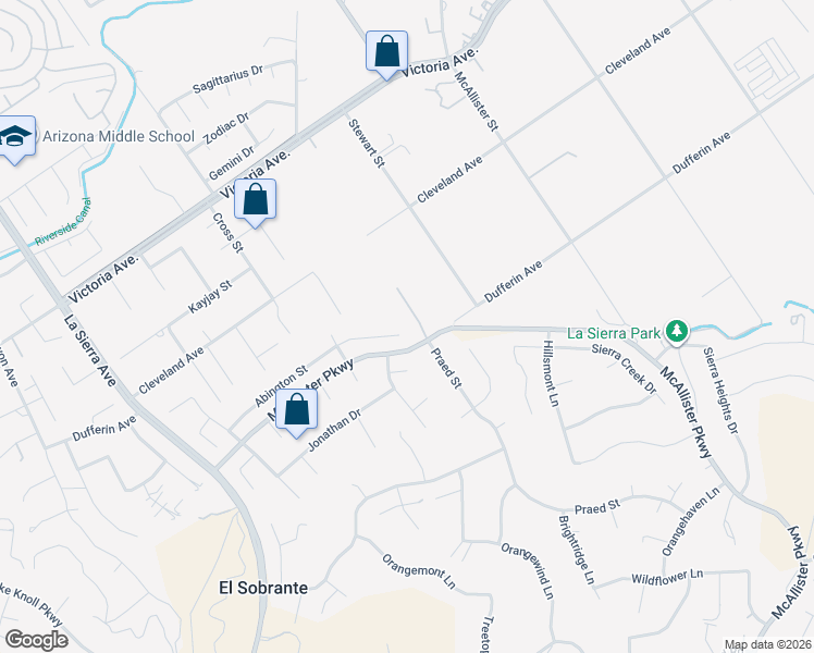 map of restaurants, bars, coffee shops, grocery stores, and more near 12223 Abington Street in Riverside