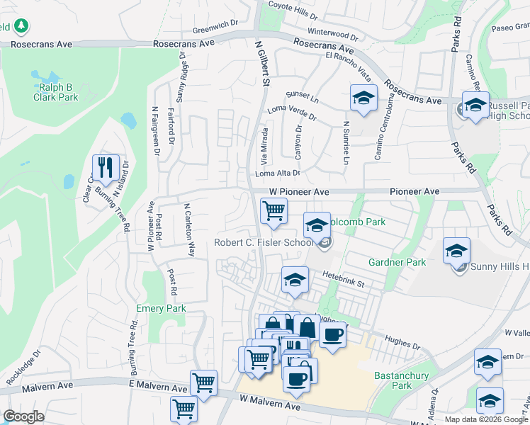 map of restaurants, bars, coffee shops, grocery stores, and more near in Fullerton