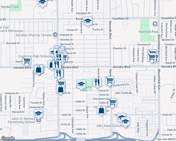 map of restaurants, bars, coffee shops, grocery stores, and more near 12007 Portugal Court in Norwalk