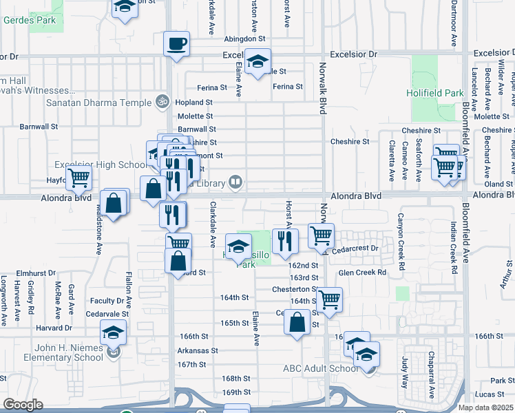 map of restaurants, bars, coffee shops, grocery stores, and more near 12007 Portugal Court in Norwalk