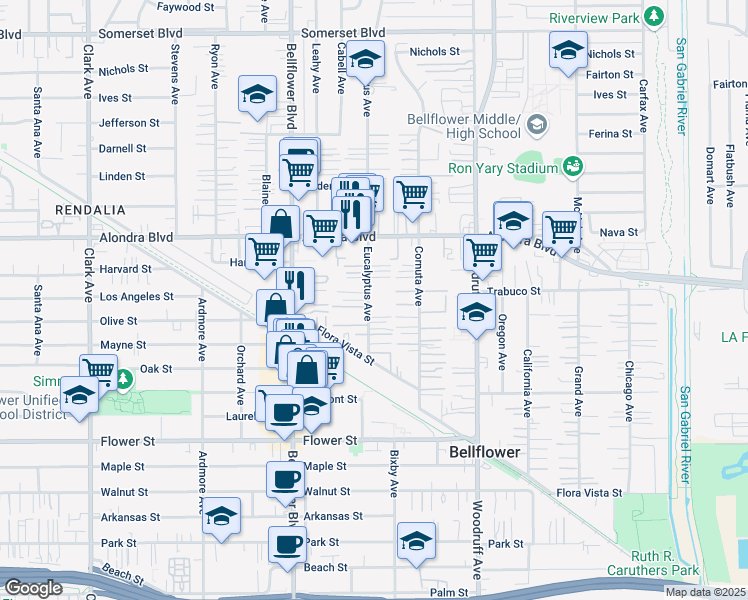 map of restaurants, bars, coffee shops, grocery stores, and more near 16224 1/2 Eucalyptus Avenue in Bellflower