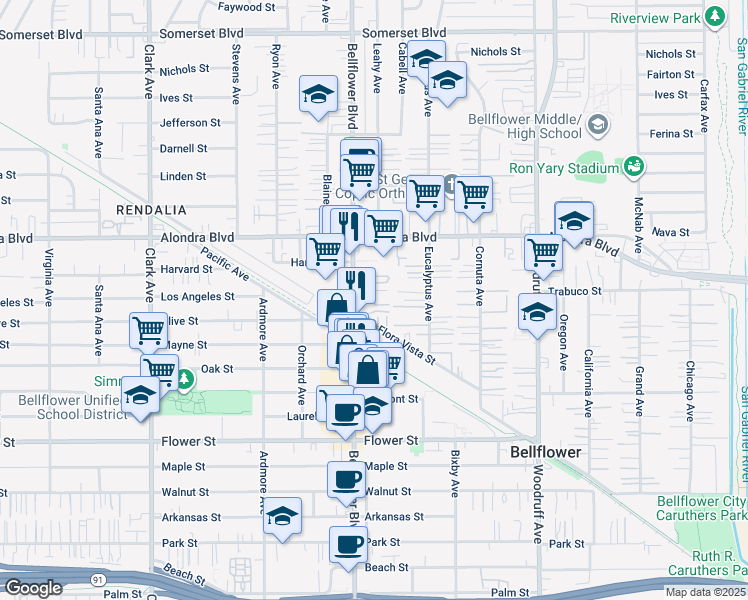 map of restaurants, bars, coffee shops, grocery stores, and more near 16310 Bellflower Boulevard in Bellflower