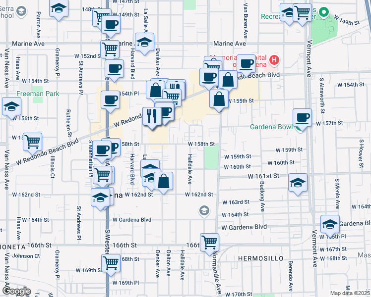 map of restaurants, bars, coffee shops, grocery stores, and more near 15827 Halldale Avenue in Gardena