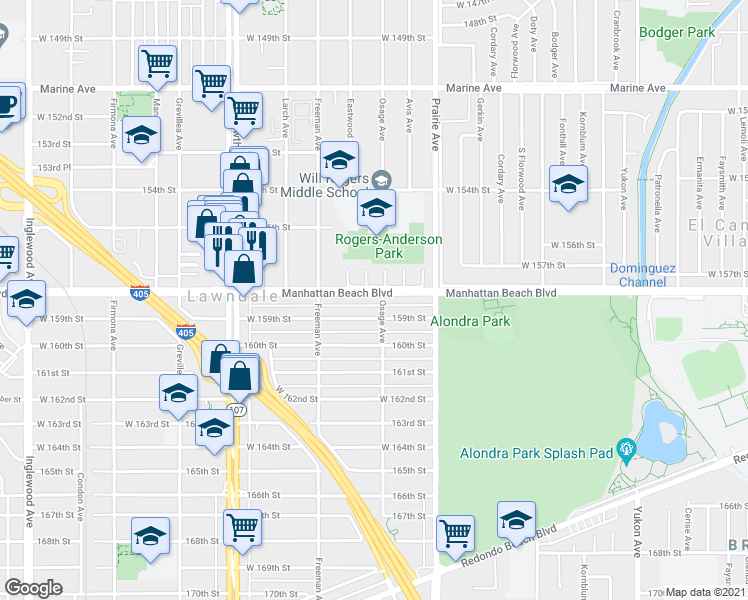 map of restaurants, bars, coffee shops, grocery stores, and more near 4117 159th Street in Lawndale