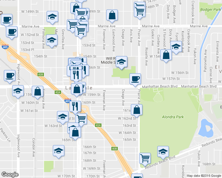 map of restaurants, bars, coffee shops, grocery stores, and more near 4169 159th Street in Lawndale