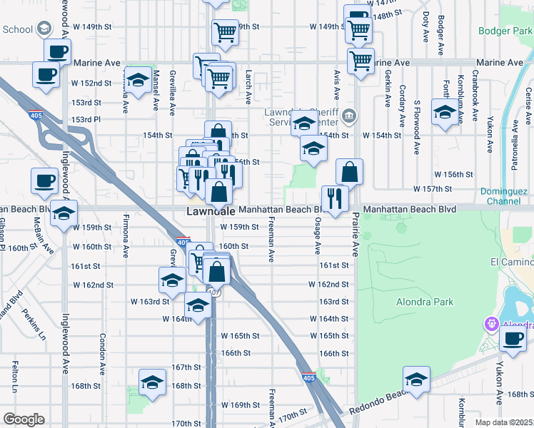 map of restaurants, bars, coffee shops, grocery stores, and more near 4169 159th Street in Lawndale