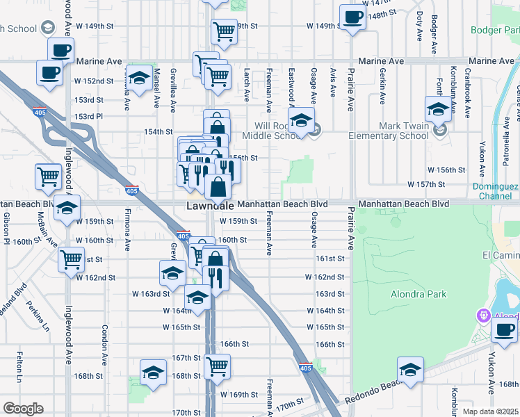 map of restaurants, bars, coffee shops, grocery stores, and more near 4229 West 159th Street in Lawndale