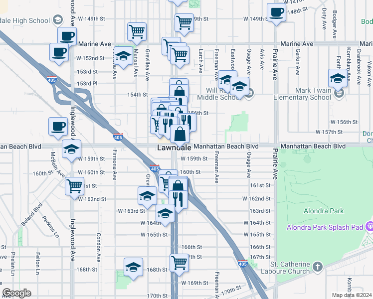 map of restaurants, bars, coffee shops, grocery stores, and more near 4335 West 159th Street in Lawndale