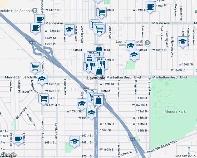 map of restaurants, bars, coffee shops, grocery stores, and more near 4335 West 159th Street in Lawndale