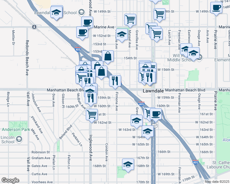 map of restaurants, bars, coffee shops, grocery stores, and more near 4579 West 159th Street in Lawndale