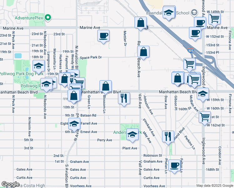 map of restaurants, bars, coffee shops, grocery stores, and more near 2202 Warfield Avenue in Redondo Beach