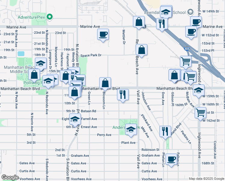 map of restaurants, bars, coffee shops, grocery stores, and more near 2108 Warfield Avenue in Redondo Beach