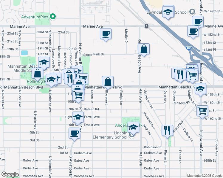 map of restaurants, bars, coffee shops, grocery stores, and more near 2108 Warfield Avenue in Redondo Beach