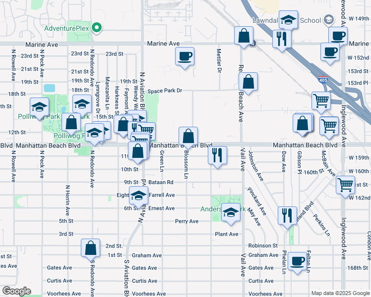 map of restaurants, bars, coffee shops, grocery stores, and more near 2016 Warfield Avenue in Redondo Beach
