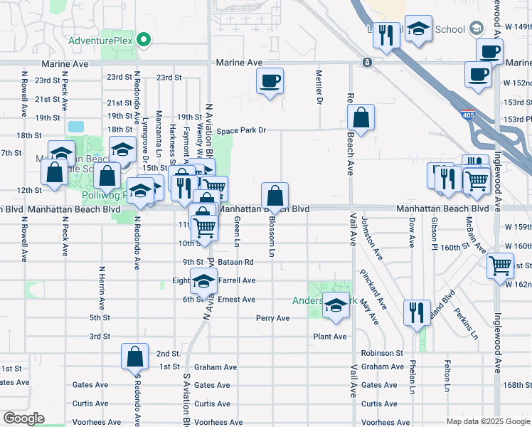 map of restaurants, bars, coffee shops, grocery stores, and more near 2016 Warfield Avenue in Redondo Beach