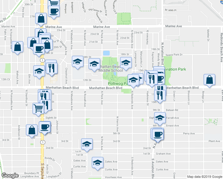 map of restaurants, bars, coffee shops, grocery stores, and more near 1541 11th Street in Manhattan Beach