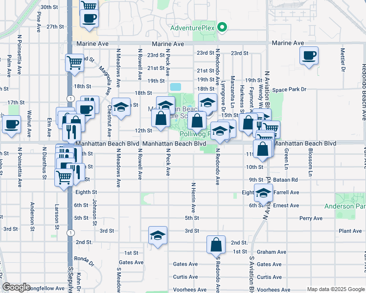 map of restaurants, bars, coffee shops, grocery stores, and more near 1541 11th Street in Manhattan Beach