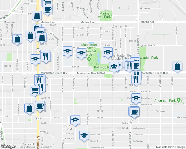map of restaurants, bars, coffee shops, grocery stores, and more near 1541 11th Street in Manhattan Beach