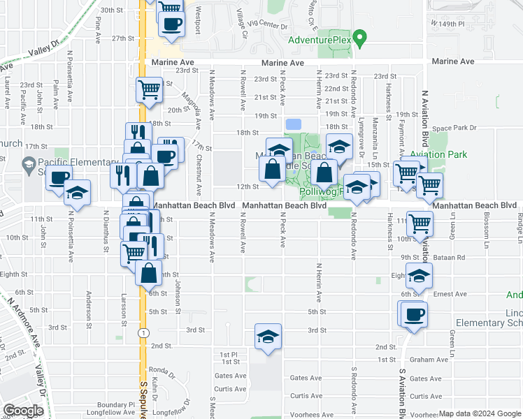 map of restaurants, bars, coffee shops, grocery stores, and more near 1420 11th Street in Manhattan Beach