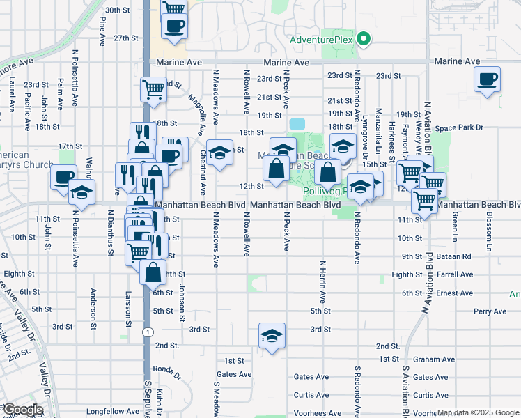 map of restaurants, bars, coffee shops, grocery stores, and more near 1420 11th Street in Manhattan Beach