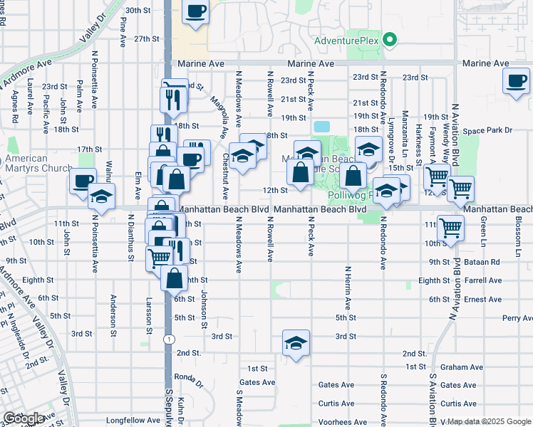 map of restaurants, bars, coffee shops, grocery stores, and more near in Manhattan Beach