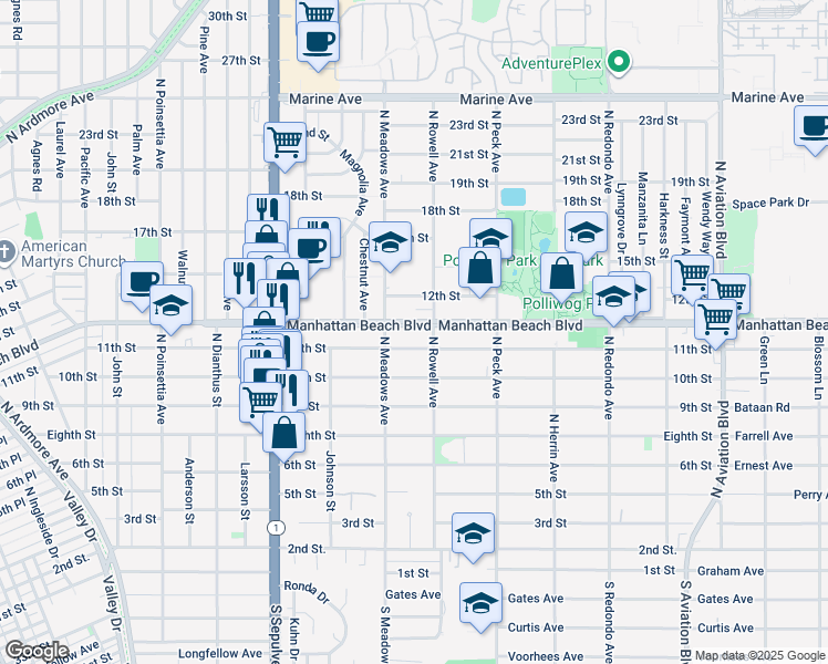 map of restaurants, bars, coffee shops, grocery stores, and more near in Manhattan Beach
