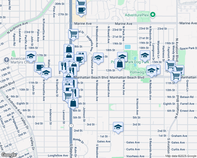map of restaurants, bars, coffee shops, grocery stores, and more near 1250 11th Street in Manhattan Beach