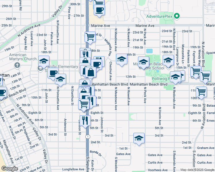 map of restaurants, bars, coffee shops, grocery stores, and more near 1206 11th Street in Manhattan Beach