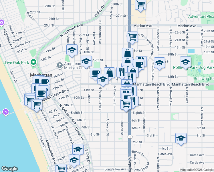 map of restaurants, bars, coffee shops, grocery stores, and more near 922 11th Street in Manhattan Beach