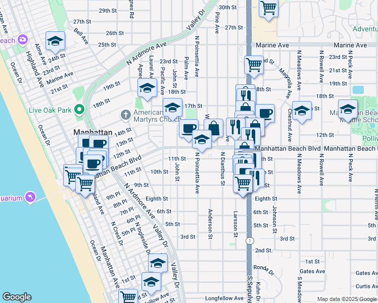 map of restaurants, bars, coffee shops, grocery stores, and more near 864 11th Street in Manhattan Beach