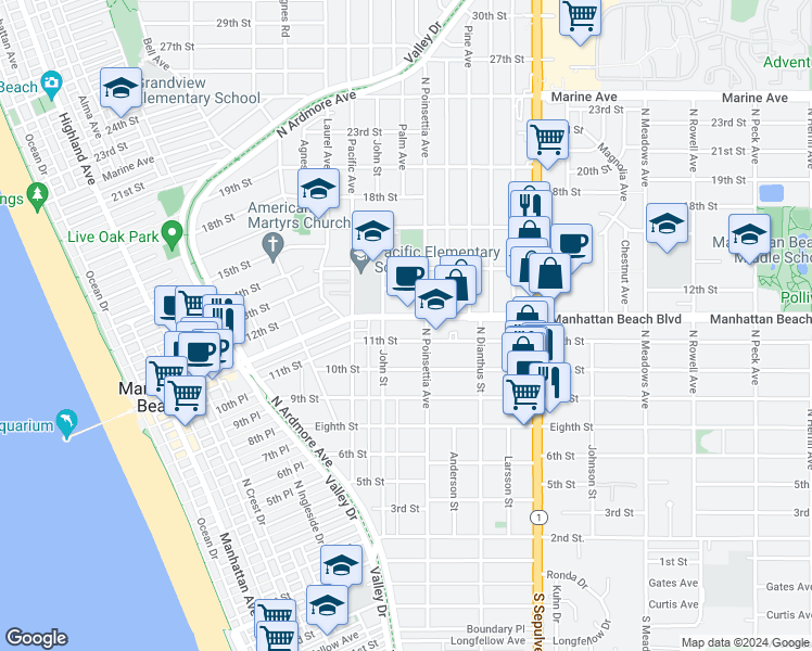 map of restaurants, bars, coffee shops, grocery stores, and more near 864 11th Street in Manhattan Beach