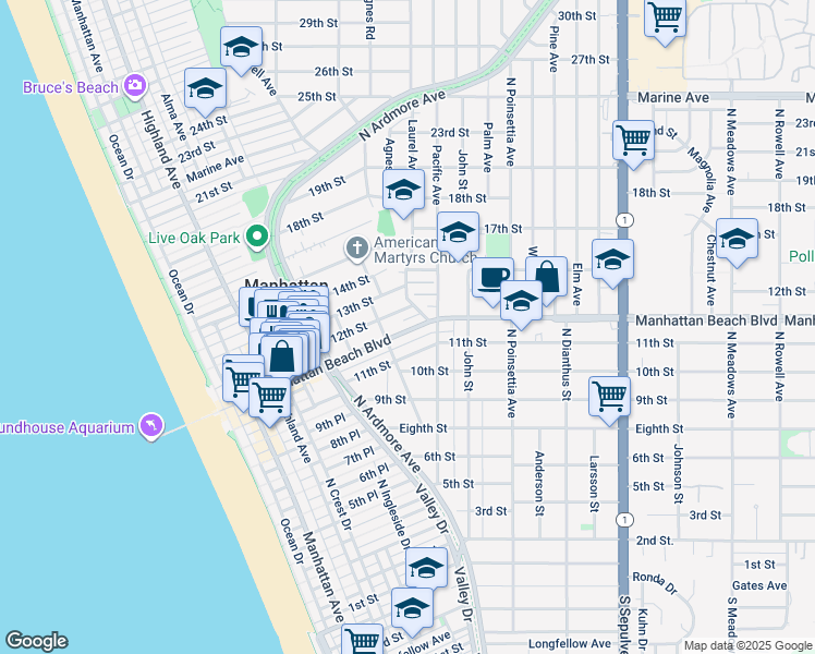 map of restaurants, bars, coffee shops, grocery stores, and more near 755 11th Street in Manhattan Beach