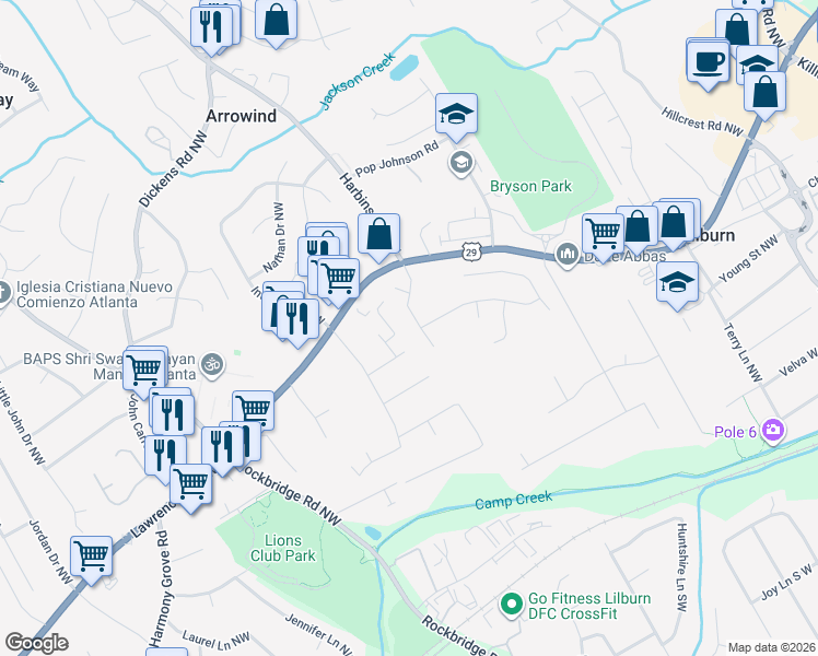 map of restaurants, bars, coffee shops, grocery stores, and more near 296 Harbins Road Northwest in Lilburn