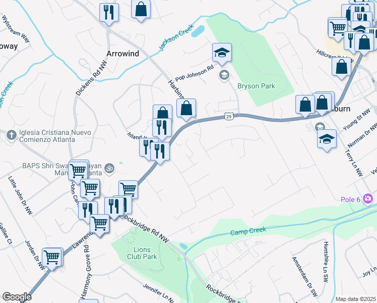 map of restaurants, bars, coffee shops, grocery stores, and more near 360 Rockfern Court in Lilburn