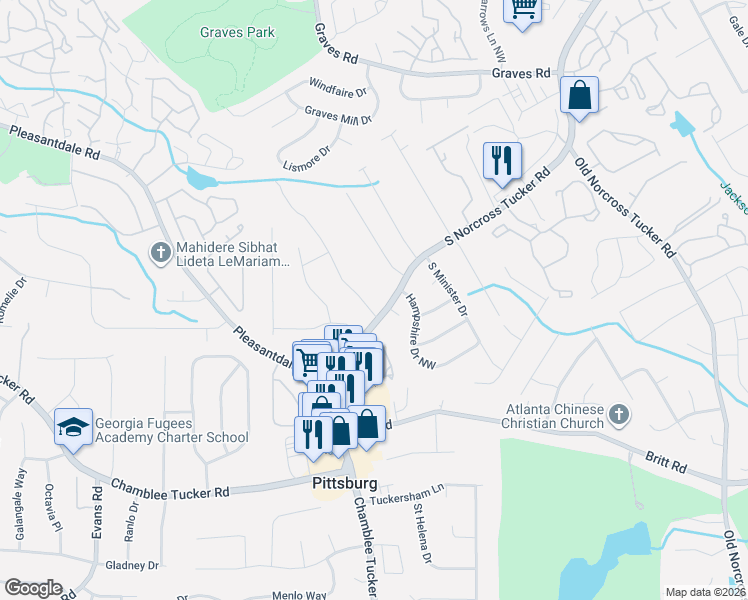 map of restaurants, bars, coffee shops, grocery stores, and more near 3321 Tucker Norcross Road in Tucker