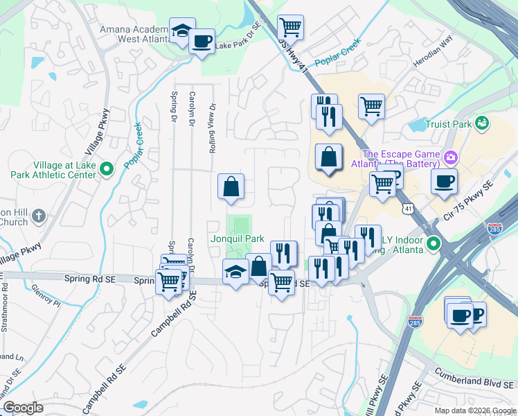 map of restaurants, bars, coffee shops, grocery stores, and more near 2400 Galleria Lane in Smyrna